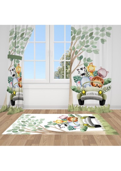 Safari Hayvanları Yolda, Beyaz, Yeşil, Ithal Kumaş, Çocuk ve Bebek Odası Fon Perde - 1 Kanat