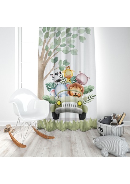 Safari Hayvanları Yolda, Beyaz, Yeşil, Ithal Kumaş, Çocuk ve Bebek Odası Fon Perde - 1 Kanat modelleri