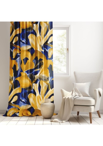 Soyut Çiçek, Modern Çizim, Sarı, Lacivert, Ithal Kumaş, Oturma Odası, Salon, Fon Perde - 1 Kanat