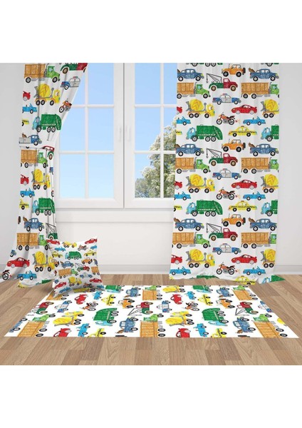 Renkli Arabalar, Ithal Kumaş, Çocuk ve Bebek Odası Fon Perde - 1 Kanat