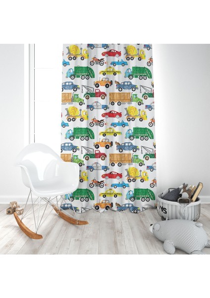 Renkli Arabalar, Ithal Kumaş, Çocuk ve Bebek Odası Fon Perde - 1 Kanat modelleri