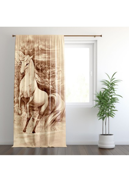 Sulu Boya Efektli 3D At, Krem Rengi, Oturma Odası, Salon, Fon Perde - 1 Kanat