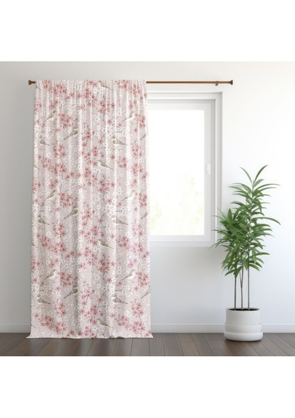 Kiraz Çiçekleri ve Kuşlar, Beyaz, Toz Pembe, Oturma Odası, Salon, Fon Perde - 1 Kanat