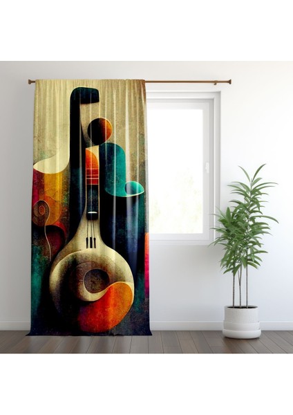 Sulu Boya Efektli Violin,krem, Siyah, Turuncu, Oturma Odası, Salon, Fon Perde - 1 Kanat