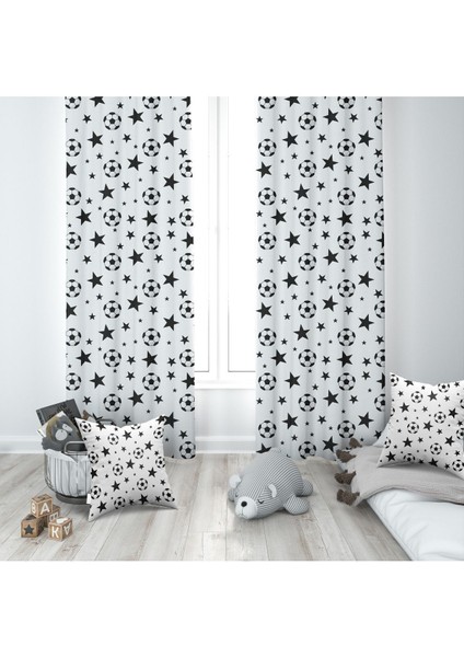 Siyah Beyaz, Futbol Topu, Ithal Kumaş, Çocuk Odası, Bebek Odası Fon Perde - 1 Kanat
