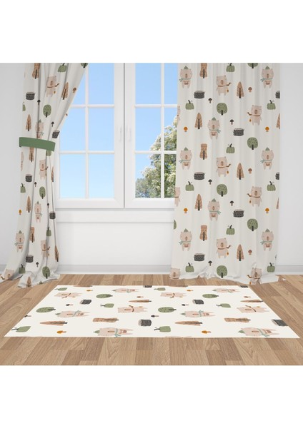 Bal Kabaklı Kış Ayıları, Yeşil, Kremrengi, Ithal Kumaş, Çocuk ve Bebek Odası Fon Perde - 1 Kanat