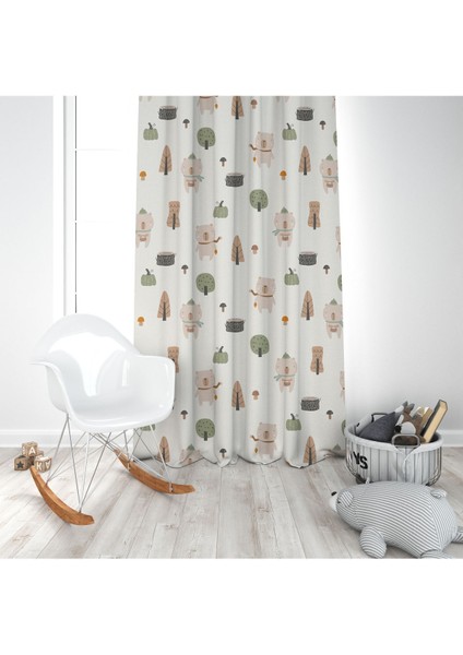 Bal Kabaklı Kış Ayıları, Yeşil, Kremrengi, Ithal Kumaş, Çocuk ve Bebek Odası Fon Perde - 1 Kanat modelleri