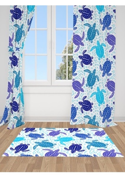 Mavi Su Kaplumbağaları, Beyaz, Ithal Kumaş, Çocuk Odası, Bebek Odası Fon Perde - 1 Kanat