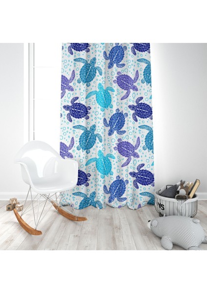 Mavi Su Kaplumbağaları, Beyaz, Ithal Kumaş, Çocuk Odası, Bebek Odası Fon Perde - 1 Kanat modelleri
