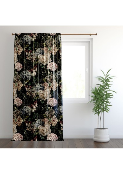 Büyük Çiçekler, Siyah, Yeşil, Pembe, Oturma Odası, Salon, Fon Perde - 1 Kanat