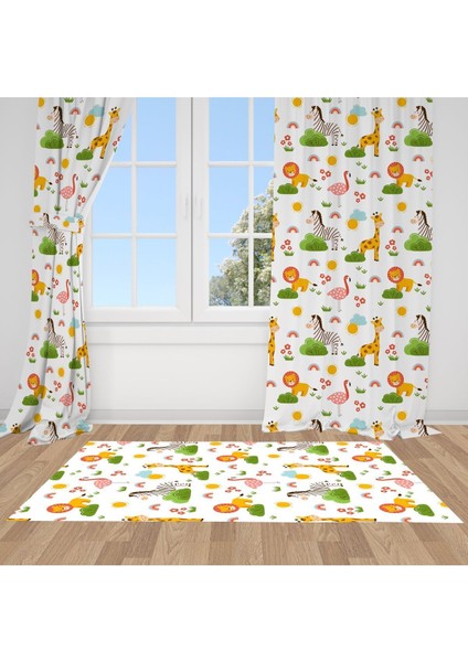 Orman Safari Hayvanları, Yeşil, Turuncu, Sarı, Ithal Kumaş, Çocuk ve Genç Odası Fon Perde - 1 Kanat