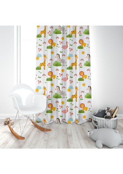 Orman Safari Hayvanları, Yeşil, Turuncu, Sarı, Ithal Kumaş, Çocuk ve Genç Odası Fon Perde - 1 Kanat modelleri