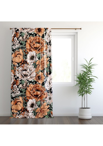 Turuncu Beyaz Çiçek, Büyük Çiçek Oturma Odası, Kahverengi, Beyaz, Salon, Fon Perde - 1 Kanat