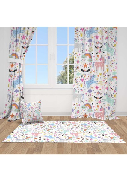 Pembe Unicorn, Beyaz, Mavi, Ithal Kumaş, Ithal Kumaş, Çocuk ve Bebek Odası Fon Perde - 1 Kanat