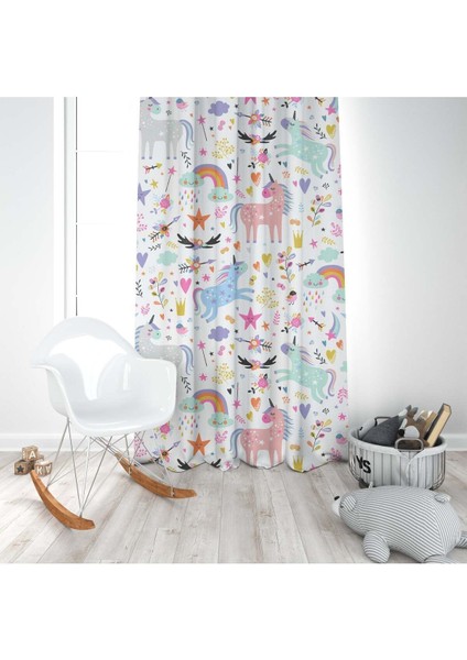 Pembe Unicorn, Beyaz, Mavi, Ithal Kumaş, Ithal Kumaş, Çocuk ve Bebek Odası Fon Perde - 1 Kanat modelleri