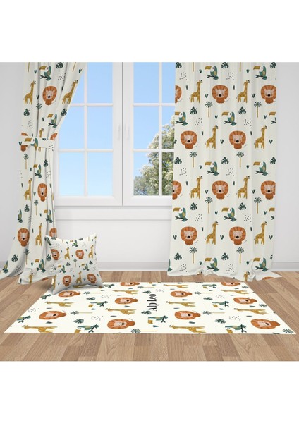 Aslan, Zürafa, Papağan, Krem, Turuncu, Ithal Kumaş, Çocuk ve Bebek Odası Fon Perde -1 Kanat