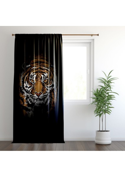 3D Kaplan, Siyah Zemin Kaplan, Kahverengi, Beyaz, Oturma Odası, Salon, Fon Perde - 1 Kanat