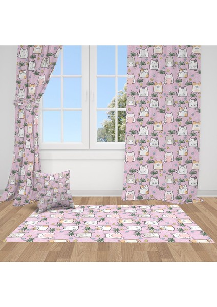Iskandinav Stili Kediler Pembe, Beyaz, Yeşil, Ithal Kumaş, Çocuk ve Bebek Odası Fon Perde - 1 Kanat