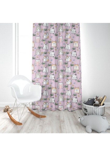 Iskandinav Stili Kediler Pembe, Beyaz, Yeşil, Ithal Kumaş, Çocuk ve Bebek Odası Fon Perde - 1 Kanat modelleri