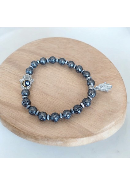 Gri Lav Taşı Bileklik Hamsa Fatma Ana Eli Doğal Taş Bileklik Nazar Boncuk Model Lav Taşı