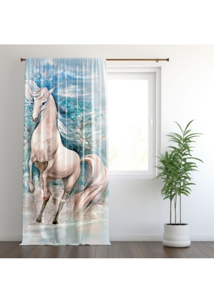 3D Beyaz At, Mavi, Beyaz, Ithal Kumaş, Oturma Odası, Salon Fon Perde - 1 Kanat