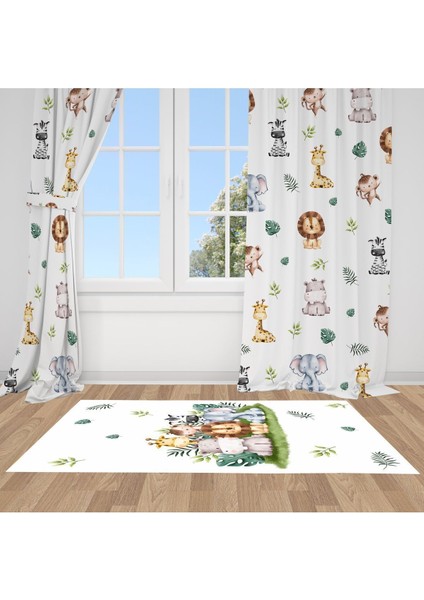 Safari Suluboya, Beyaz, Sarı, Ithal Kumaş, Çocuk ve Bebek Odası Fon Perde - 1 Kanat