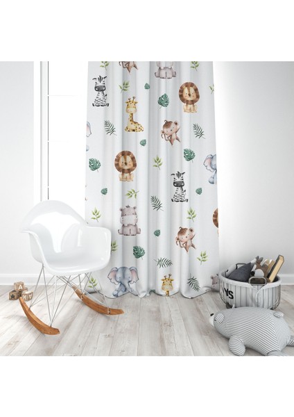 Safari Suluboya, Beyaz, Sarı, Ithal Kumaş, Çocuk ve Bebek Odası Fon Perde - 1 Kanat modelleri