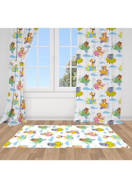 Renkli Planörde Hayvanlar, Beyaz, Yeşil, Ithal Kumaş, Çocuk ve Bebek Odası Fon Perde - 1 Kanat