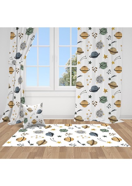 Kahverengi Gezegenler, Mavi, Yeşil, Gri, Ithal Kumaş, Çocuk Odası, Genç Odası Fon Perde - 1 Kanat