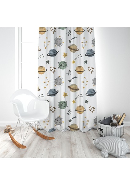 Kahverengi Gezegenler, Mavi, Yeşil, Gri, Ithal Kumaş, Çocuk Odası, Genç Odası Fon Perde - 1 Kanat modelleri