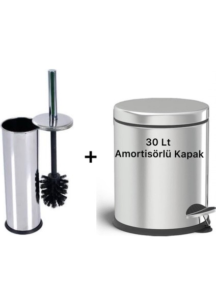 30 Litre Paslanma Krom 2'li Banyo Seti Pedallı Çöp Kovası Wc Klozet Tuvalet Fırça Seti