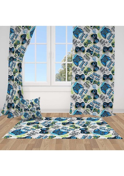 Joystick Oyun Kolu 3, Mavi, Yeşil, Çocuk ve Genç Odası Fon Perde - 1 Kanat