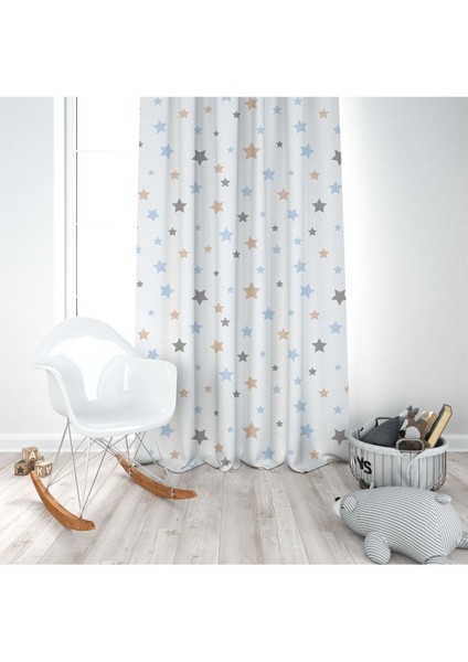 Bej, Mavi, Gri Yıldızlar, Ithal Kumaş, Çocuk ve Bebek Odası Fon Perde - 1 Kanat modelleri