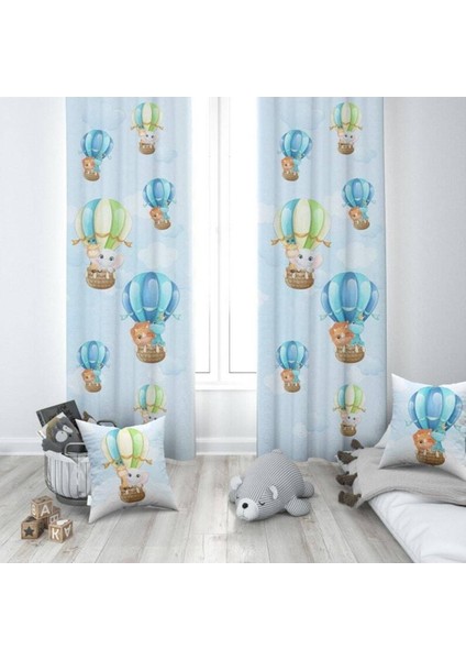 Uçan Safari Hayvanları, Mavi, Ithal Kumaş, Çocuk ve Bebek Odası Fon Perde - 1 Kanat