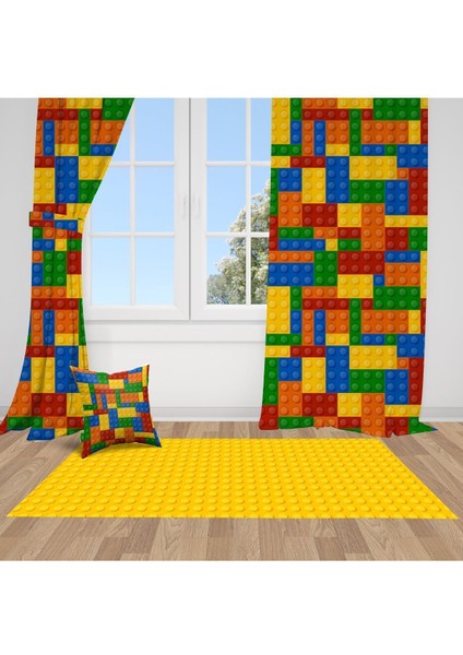 3D Lego, Kırmızı, Sarı, Yeşil, Mavi, Ithal Kumaş, Çocuk ve Genç Odası Fon Perde - 1 Kanat