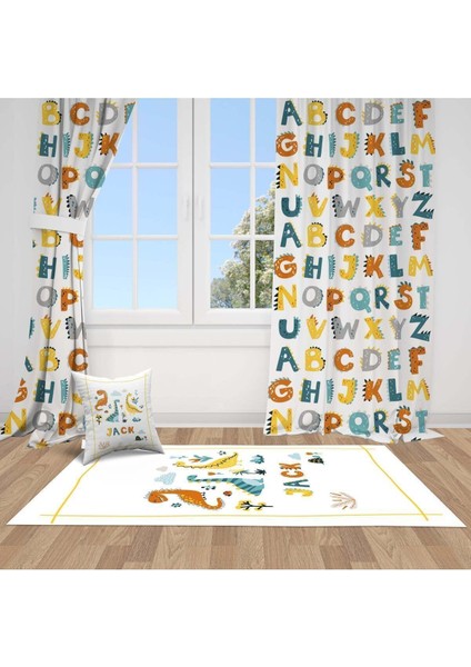 Alfabe, Mavi, Sarı, Kırmızı, Yeşil, Harfler, Ithal Kumaş, Çocuk ve Bebek Odası Fon Perde - 1 Kanat