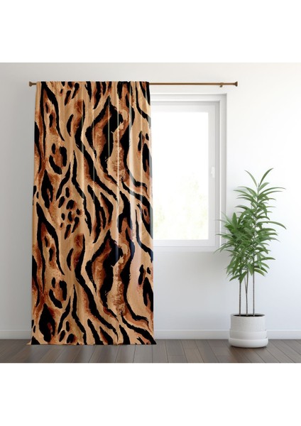 Leopar Desenli, Kaplan Desenli, Oturma Odası, Salon, Fon Perde - 1 Kanat