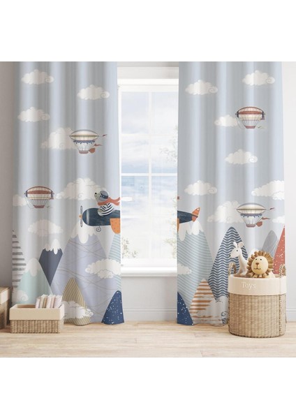 Pilot Ayıcık, Ithal Kumaş, Mavi, Beyaz Çocuk ve Bebek Odası Fon Perde - 1 Kanat