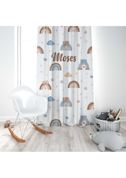 Gökkuşağı Üzerinde Uyuyan Hayvanlar, Beyaz, Mavi, Ithal Kumaş, Çocuk, Bebek Odası Fon Perde -1 Kanat modelleri