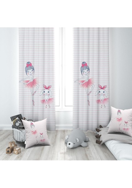 Balerin ve Tavşan, Beyaz, Pembe, Ithal Kumaş, Çocuk ve Bebek Odası Fon Perde - 1 Kanat
