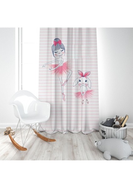 Balerin ve Tavşan, Beyaz, Pembe, Ithal Kumaş, Çocuk ve Bebek Odası Fon Perde - 1 Kanat modelleri