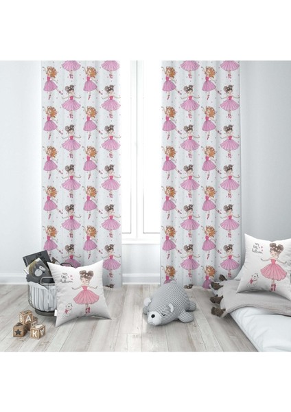 Dans Eden Balerin Kızlar, Pembe, Beyaz, Ithal Kumaş, Çocuk ve Bebek Odası Fon Perde - 1 Kanat