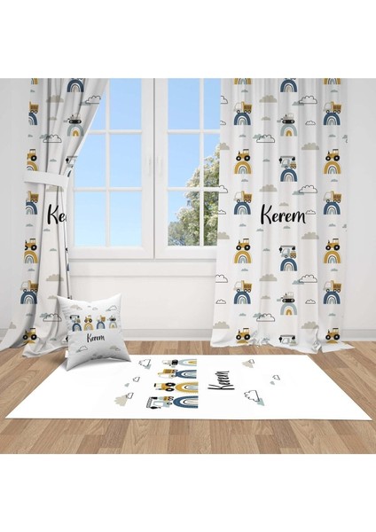 Arabalar ve Kamyonlar, Beyaz,sarı, Mavi, Ithal Kumaş, Çocuk ve Bebek Odası Fon Perde - 1 Kanat