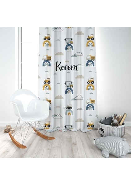 Arabalar ve Kamyonlar, Beyaz,sarı, Mavi, Ithal Kumaş, Çocuk ve Bebek Odası Fon Perde - 1 Kanat modelleri