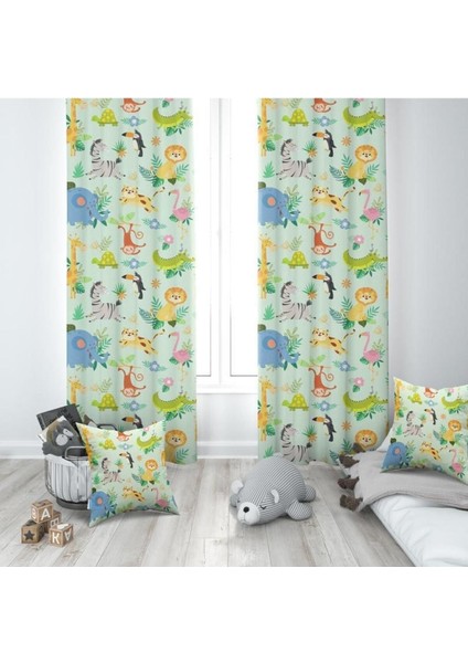 Renkli Orman Hayvaları, Yeşil, Sarı, Ithal Kumaş, Çocuk ve Bebek Odası Fon Perde - 1 Kanat