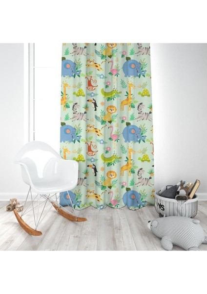 Renkli Orman Hayvaları, Yeşil, Sarı, Ithal Kumaş, Çocuk ve Bebek Odası Fon Perde - 1 Kanat modelleri
