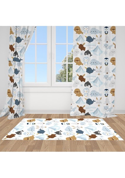 Kuzey Hayvanları, Fok, Beyaz, Mavi, Ithal Kumaş, Çocuk ve Genç Odası Fon Perde - 1 Kanat