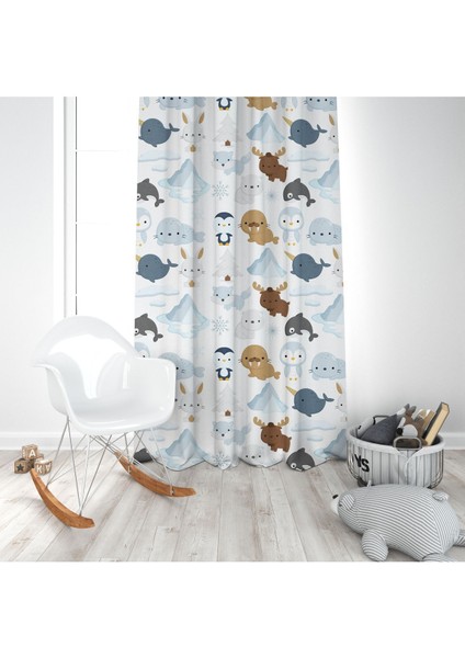Kuzey Hayvanları, Fok, Beyaz, Mavi, Ithal Kumaş, Çocuk ve Genç Odası Fon Perde - 1 Kanat modelleri