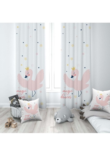 Dans Eden Kuğu, Pembe, Beyaz, Ithal Kumaş, Çocuk ve Bebek Odası Fon Perde - 1 Kanat