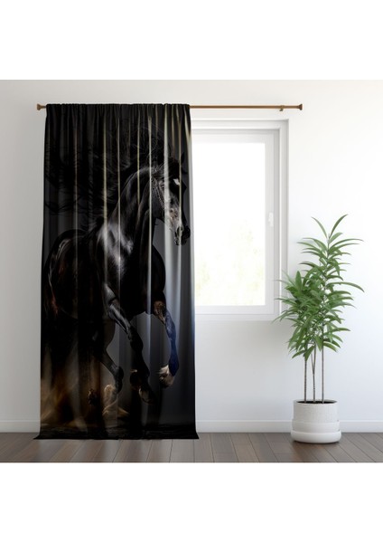 Bebemetto 3D Siyah At,siyah Zemin Perde, Oturma Odası, Salon, Fon Perde - 1 Kanat